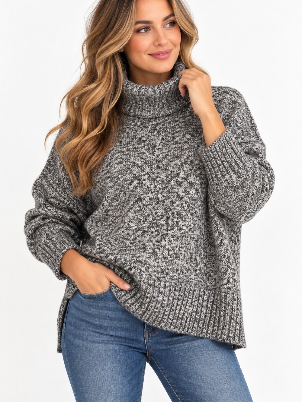 H&M Women’s Small Gray Marled Turtleneck Sweater Oversized Cozy Knit Pullover
